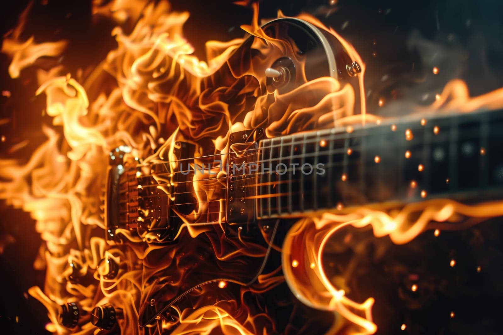 guitar on fire isolated on black background. by Chawagen