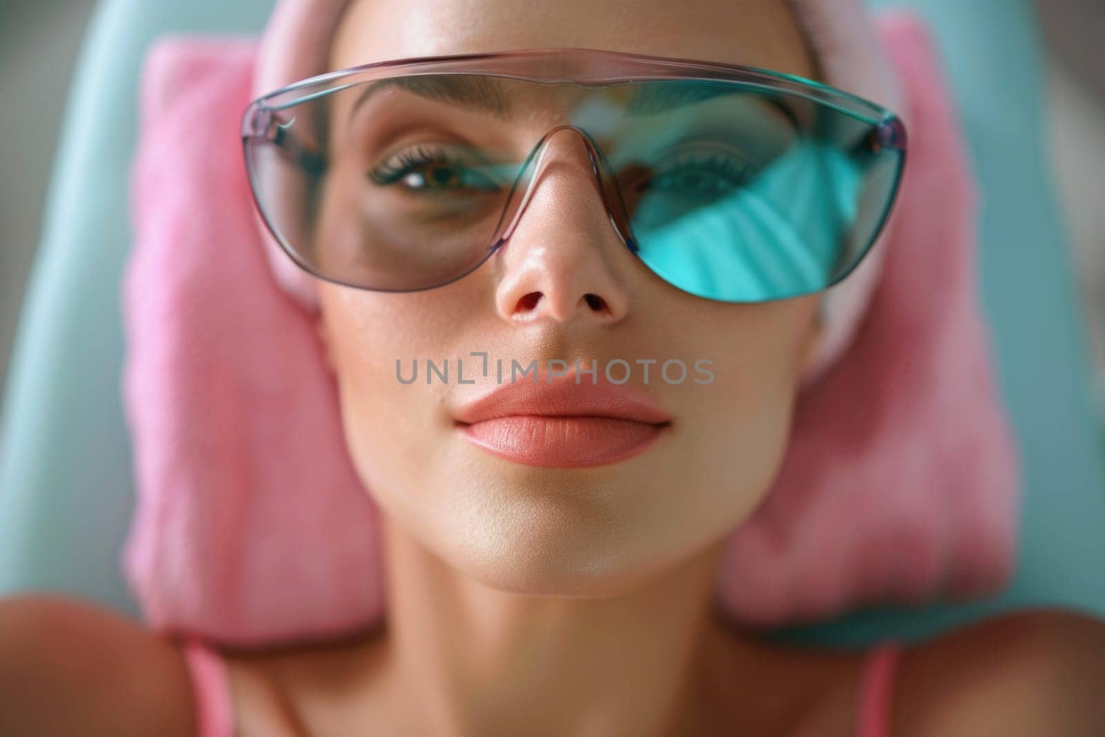 Close up portrait of a young woman patient receiving a laser treatment in a spa salon. ai generated by Desperada