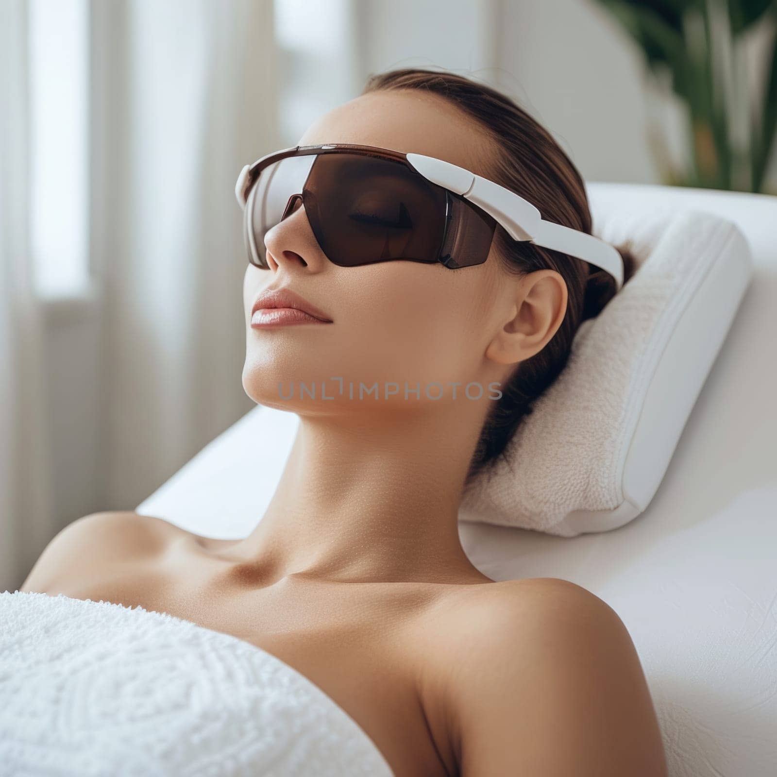 Close up portrait of a young woman patient receiving a laser treatment in a spa salon. ai generated by Desperada