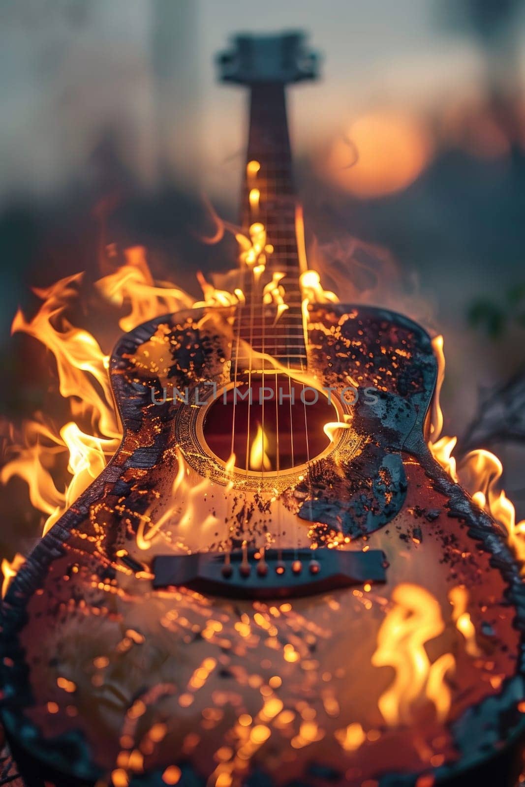 guitar on fire isolated on black background