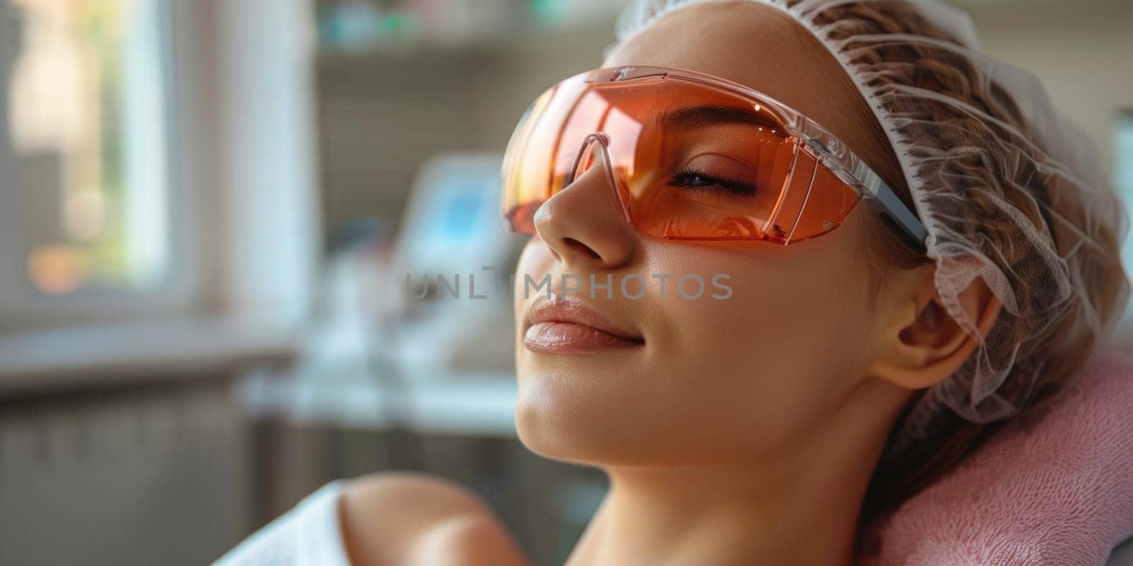Close up portrait of a young woman patient receiving a laser treatment in a spa salon. ai generated