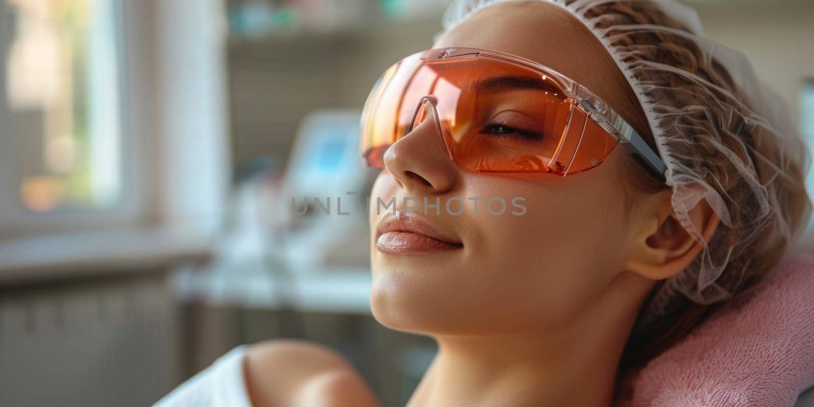 Close up portrait of a young woman patient receiving a laser treatment in a spa salon. ai generated by Desperada