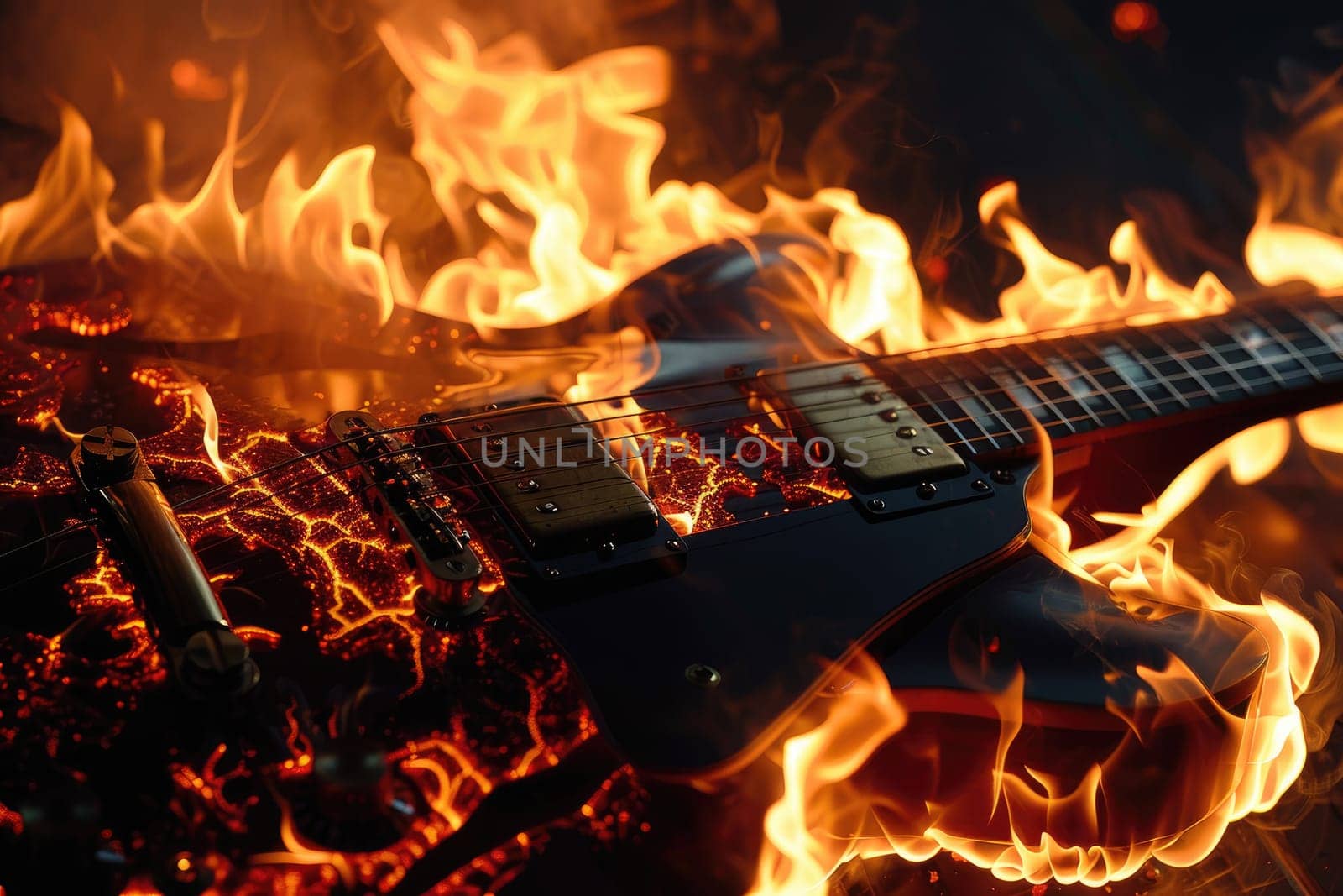 guitar on fire isolated on black background
