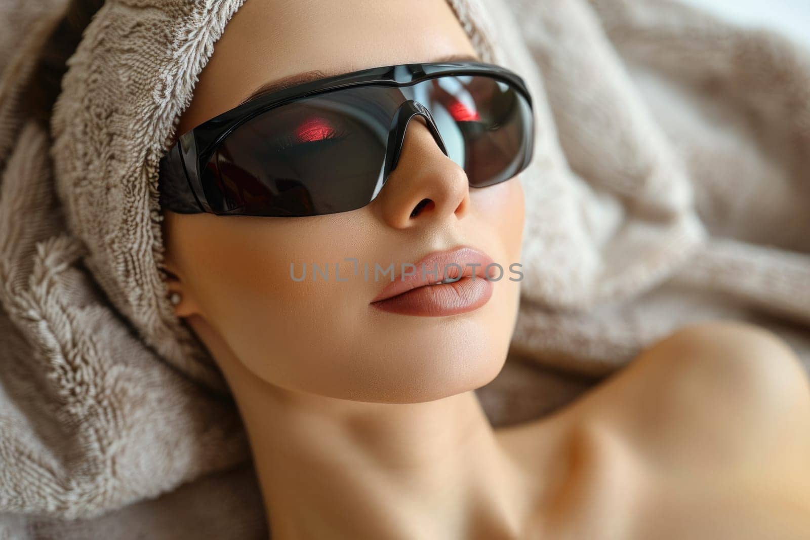 Close up portrait of a young woman patient receiving a laser treatment in a spa salon. ai generated