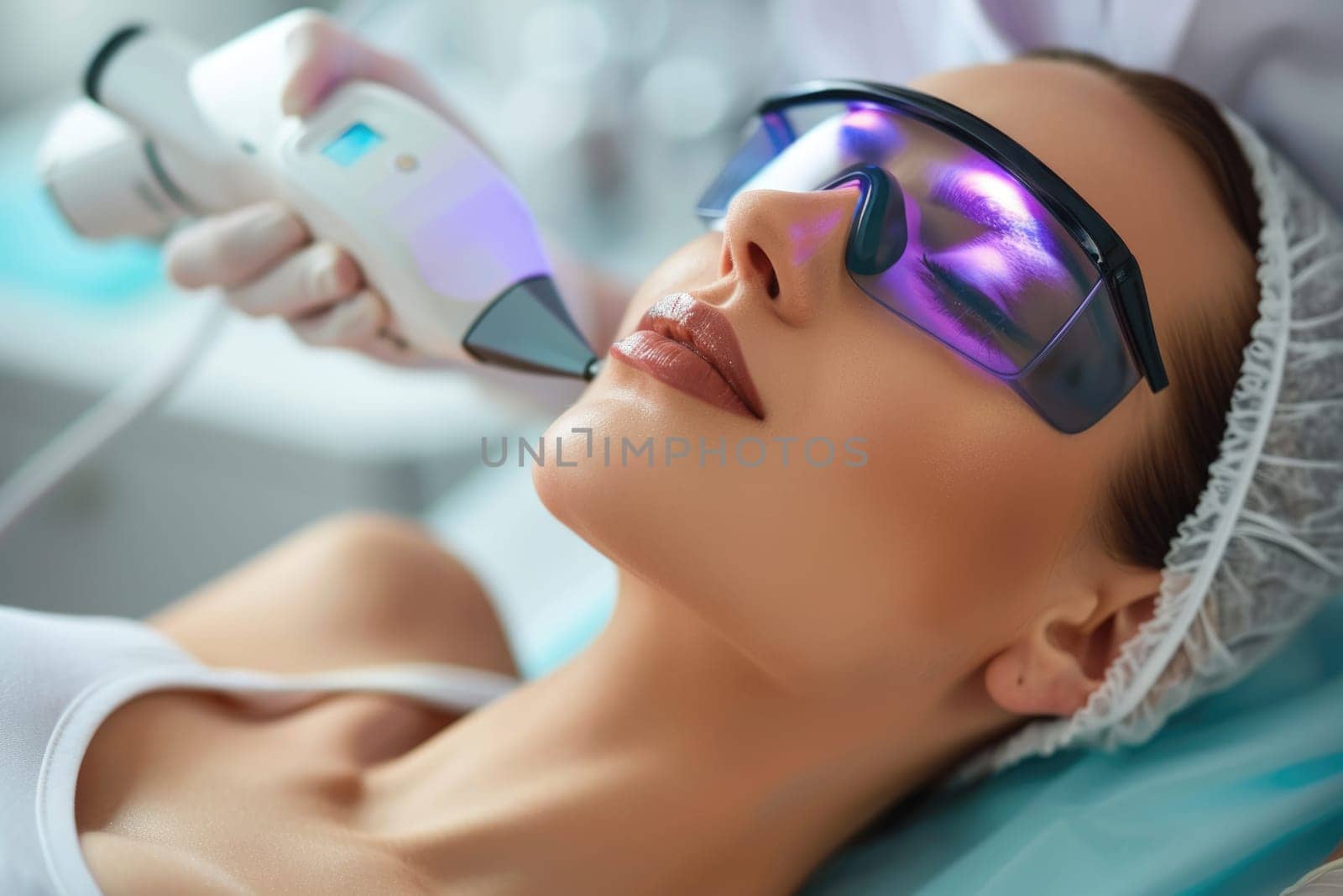 Close up portrait of a young woman patient receiving a laser treatment in a spa salon. ai generated