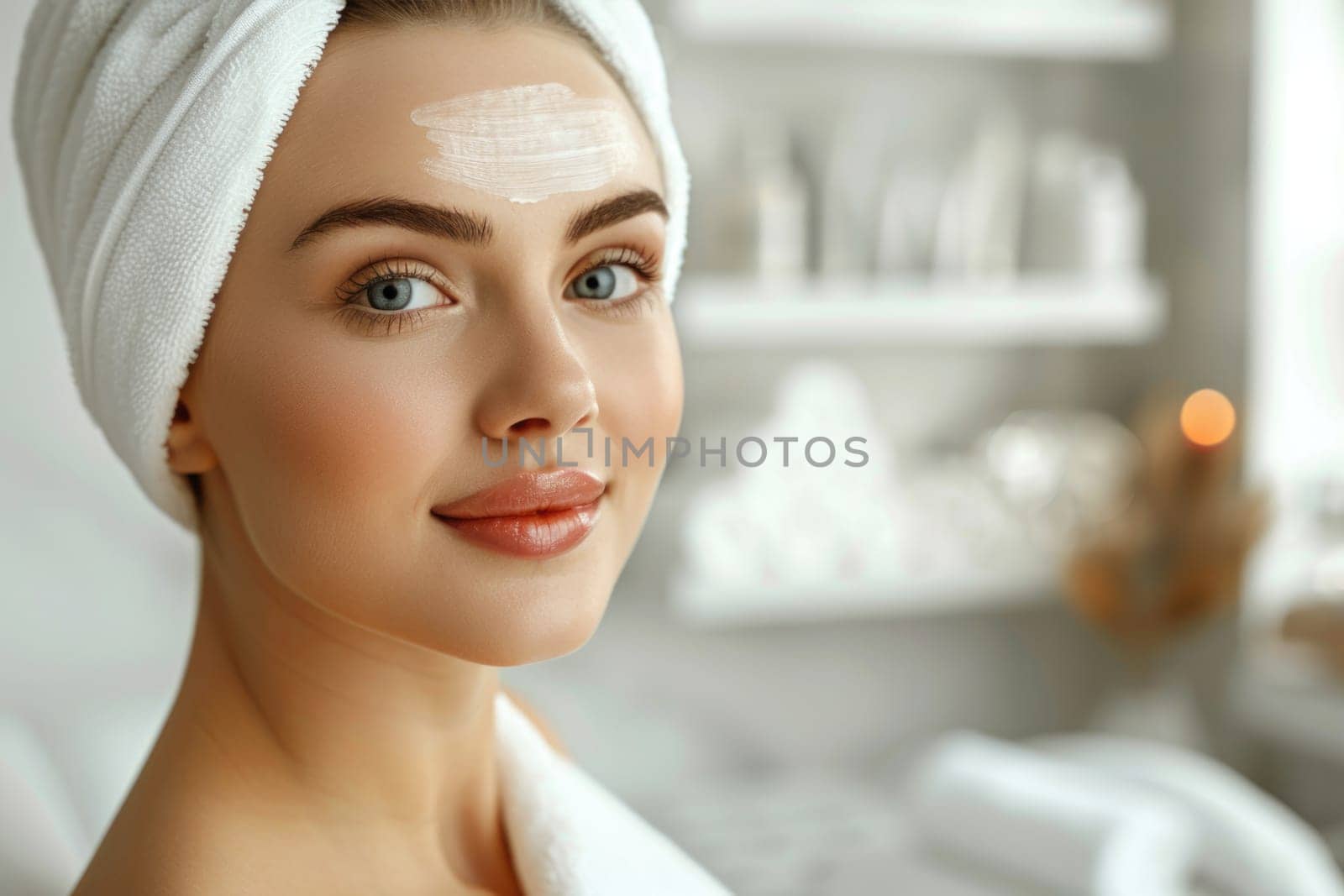 Close up portrait of a young woman patient receiving a laser treatment in a spa salon. ai generated by Desperada