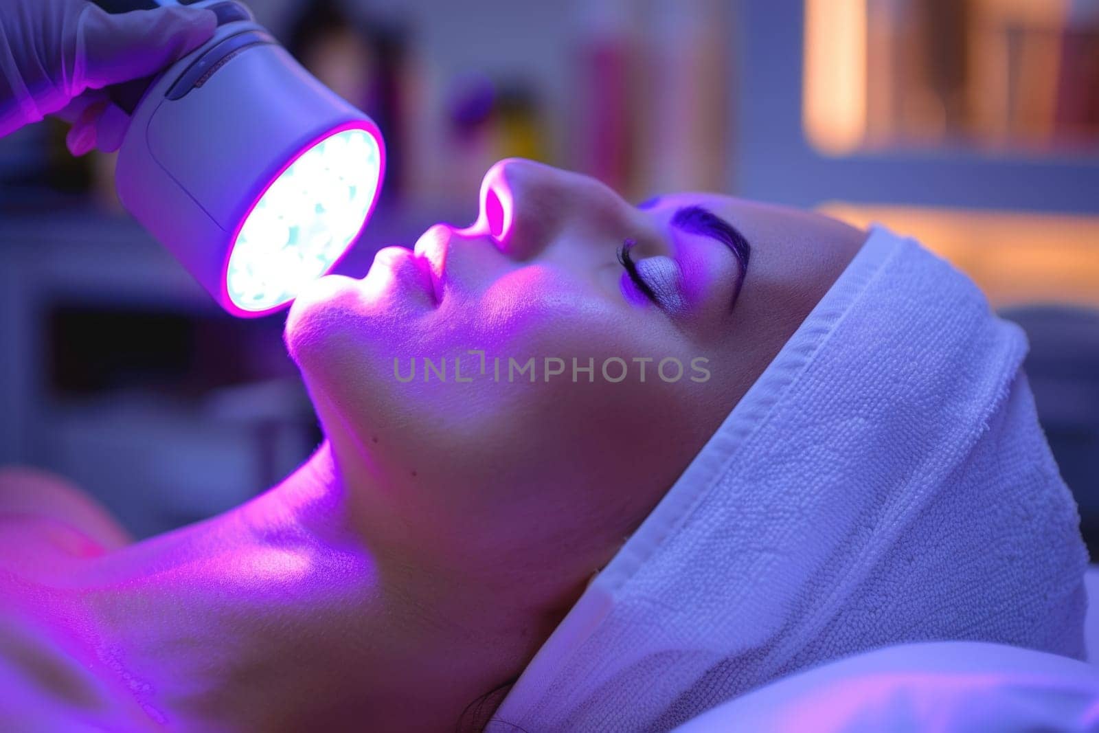 Close up portrait of a young woman patient receiving a laser treatment in a spa salon. ai generated