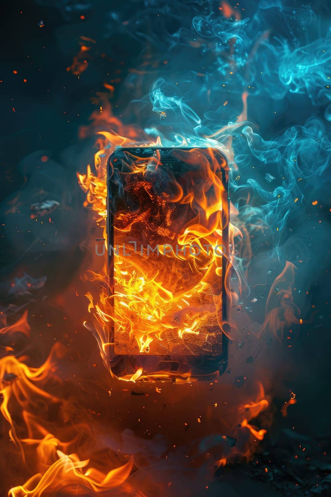 a close up of a smart phone in the form of an burn on fire