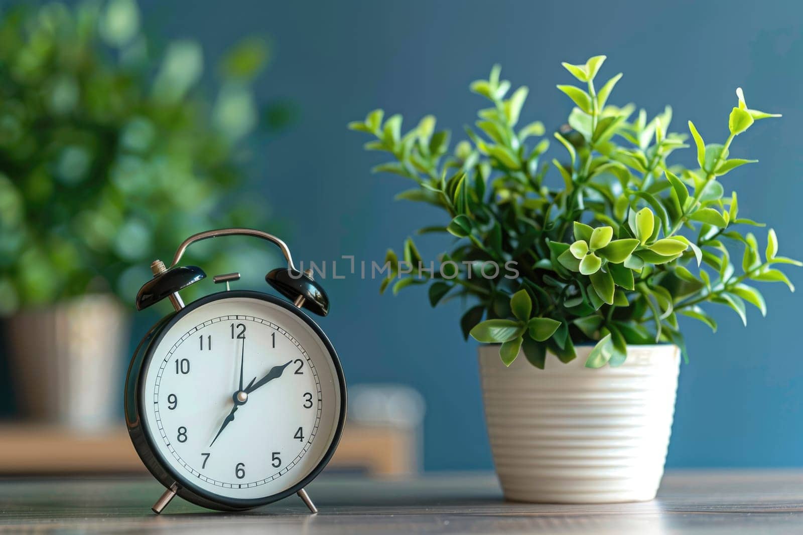 good morning concept - modern alarm clock and houseplant on bedside table. ai generated