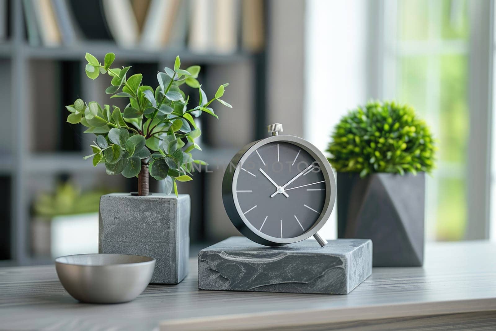 modern alarm clock and houseplant on bedside table. ai generated by Desperada