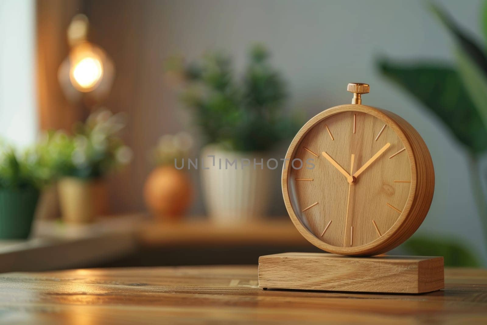 modern alarm clock and houseplant on bedside table. ai generated by Desperada