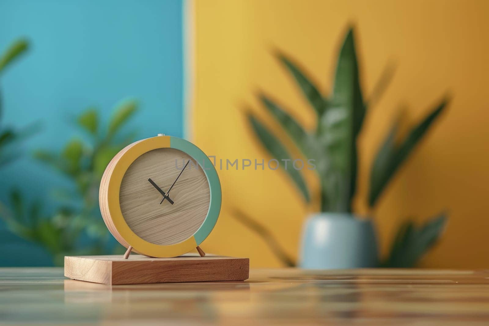 good morning concept - modern alarm clock and houseplant on bedside table. ai generated