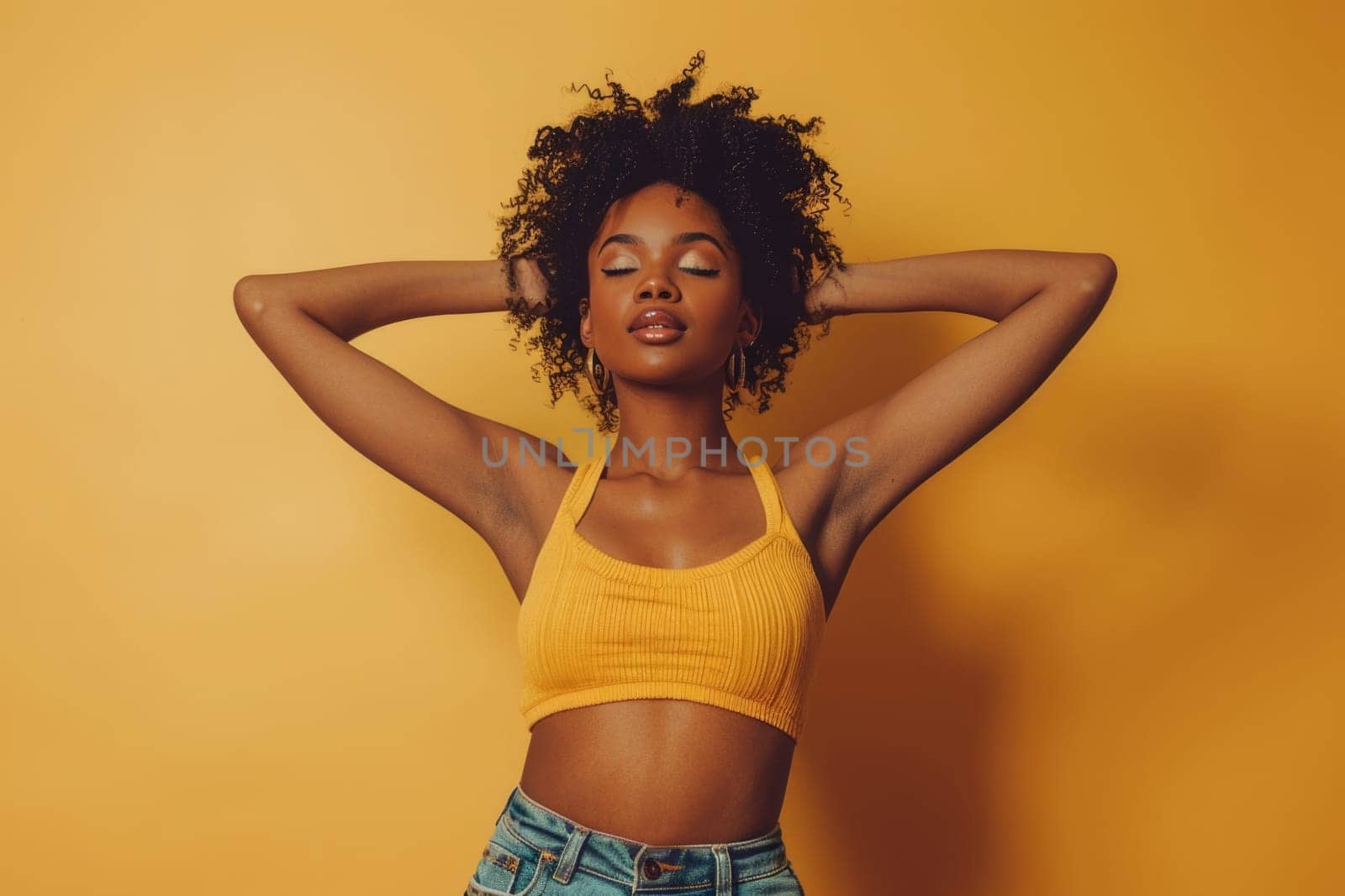 Slender black woman posing with hands raised up on beige background. ai generated by Desperada