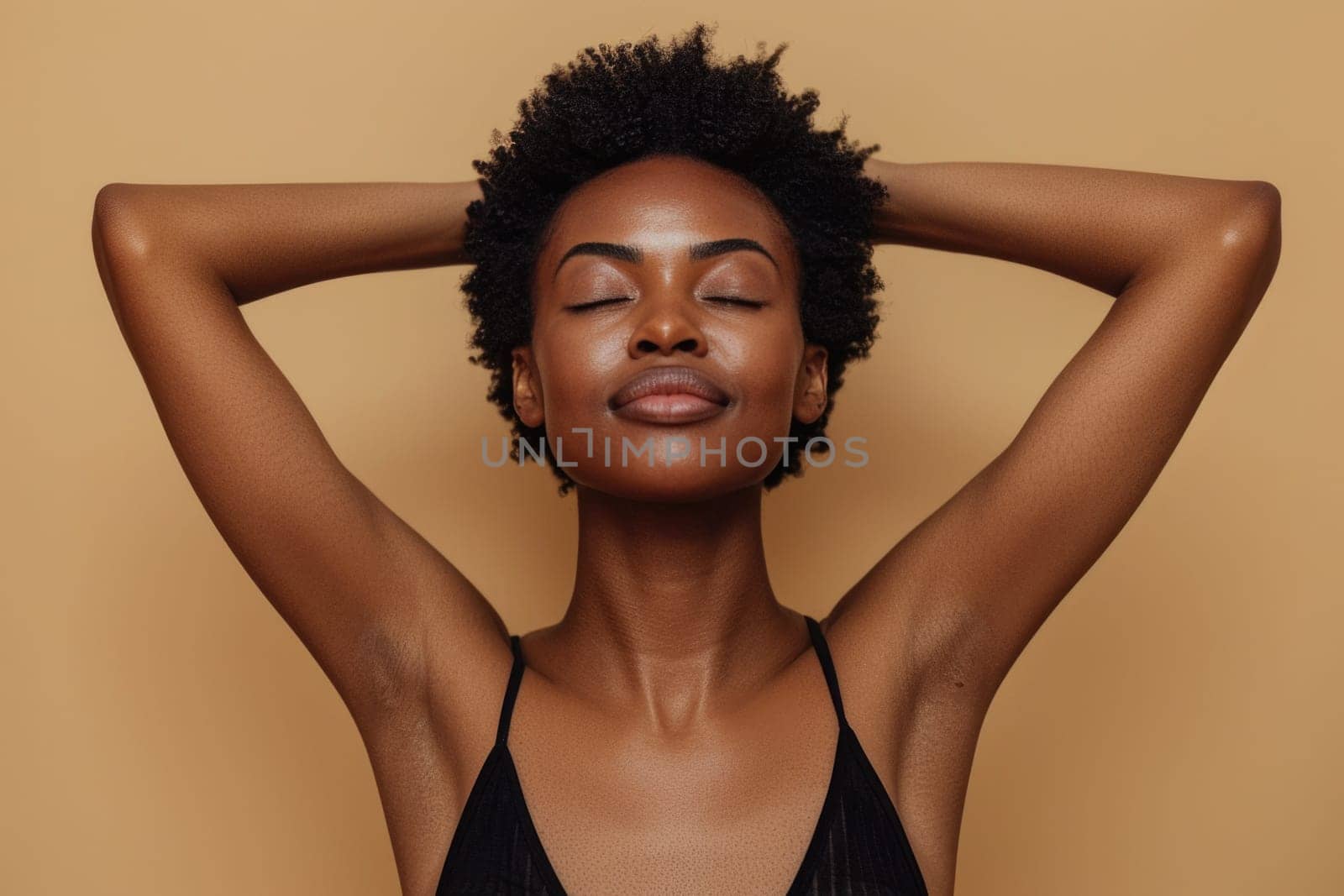 Slender black woman posing with hands raised up on beige background. ai generated by Desperada