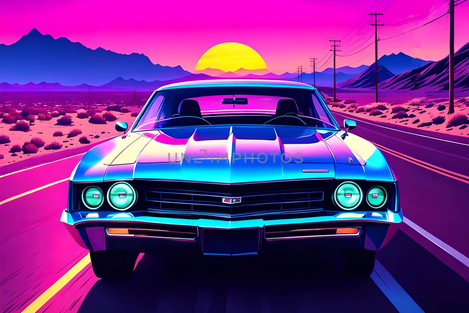 Blue American car on a highway in the desert in synthwave colors
