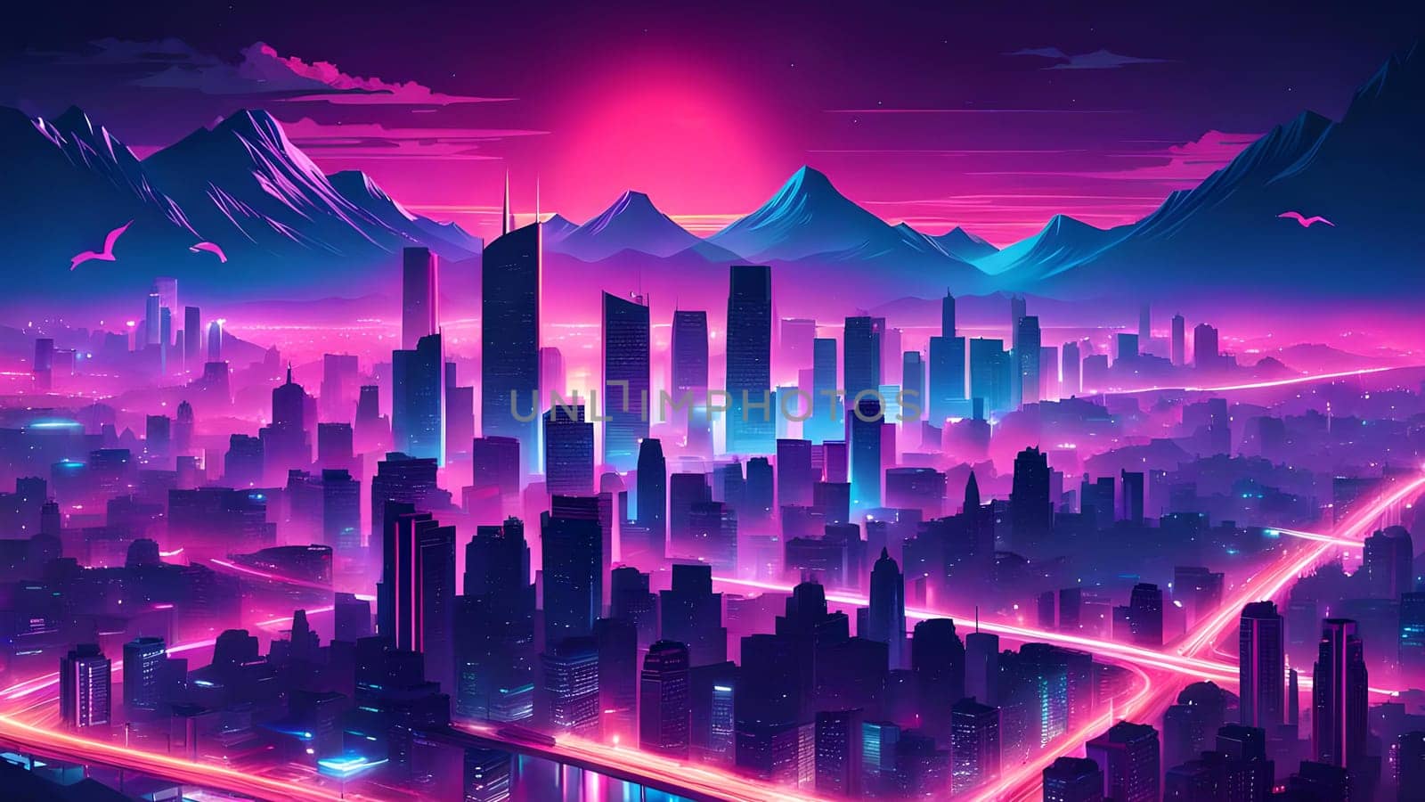 Birdview of a city with skyscrapers made in synthwave colors. In the distance are mountains visible with a setting sun.