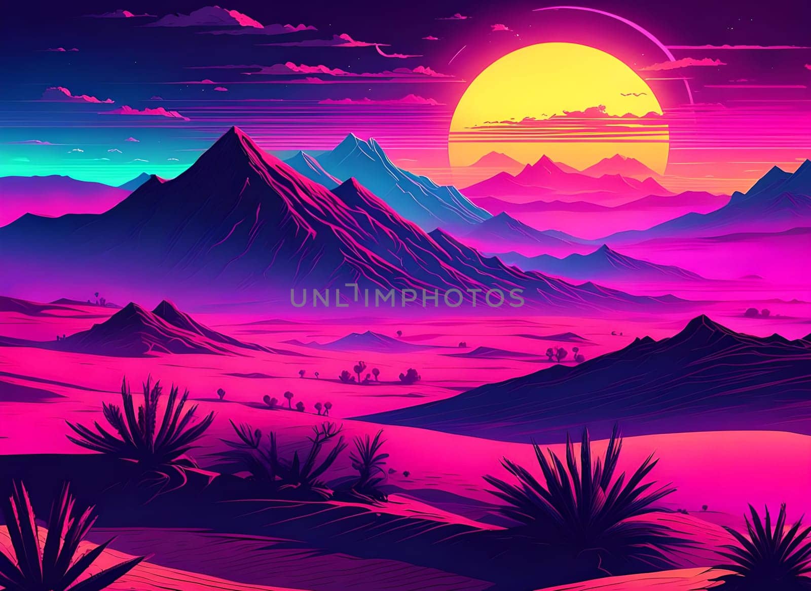 A desert at sunset with a huge sun in synthwave colors