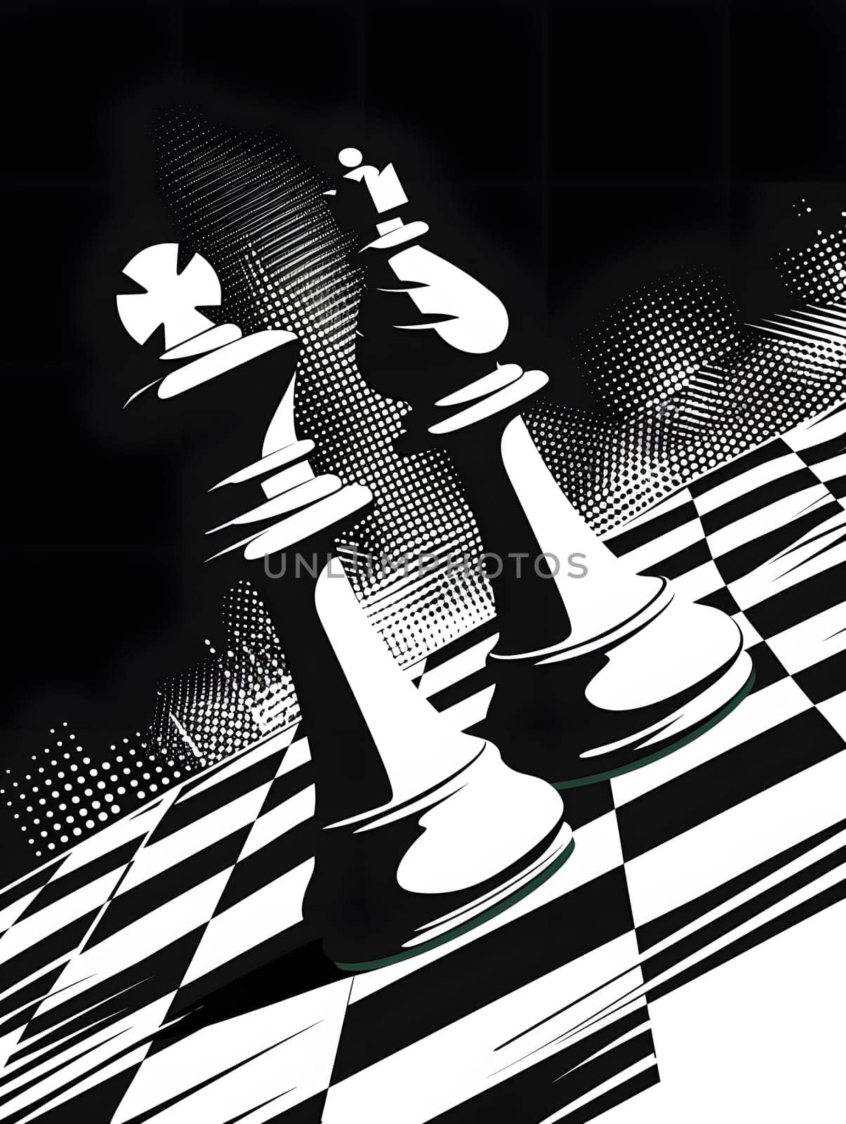 A monochrome image of a black and white chess board with two chess pieces on it. The contrast creates a dramatic effect, enhancing the art of the game