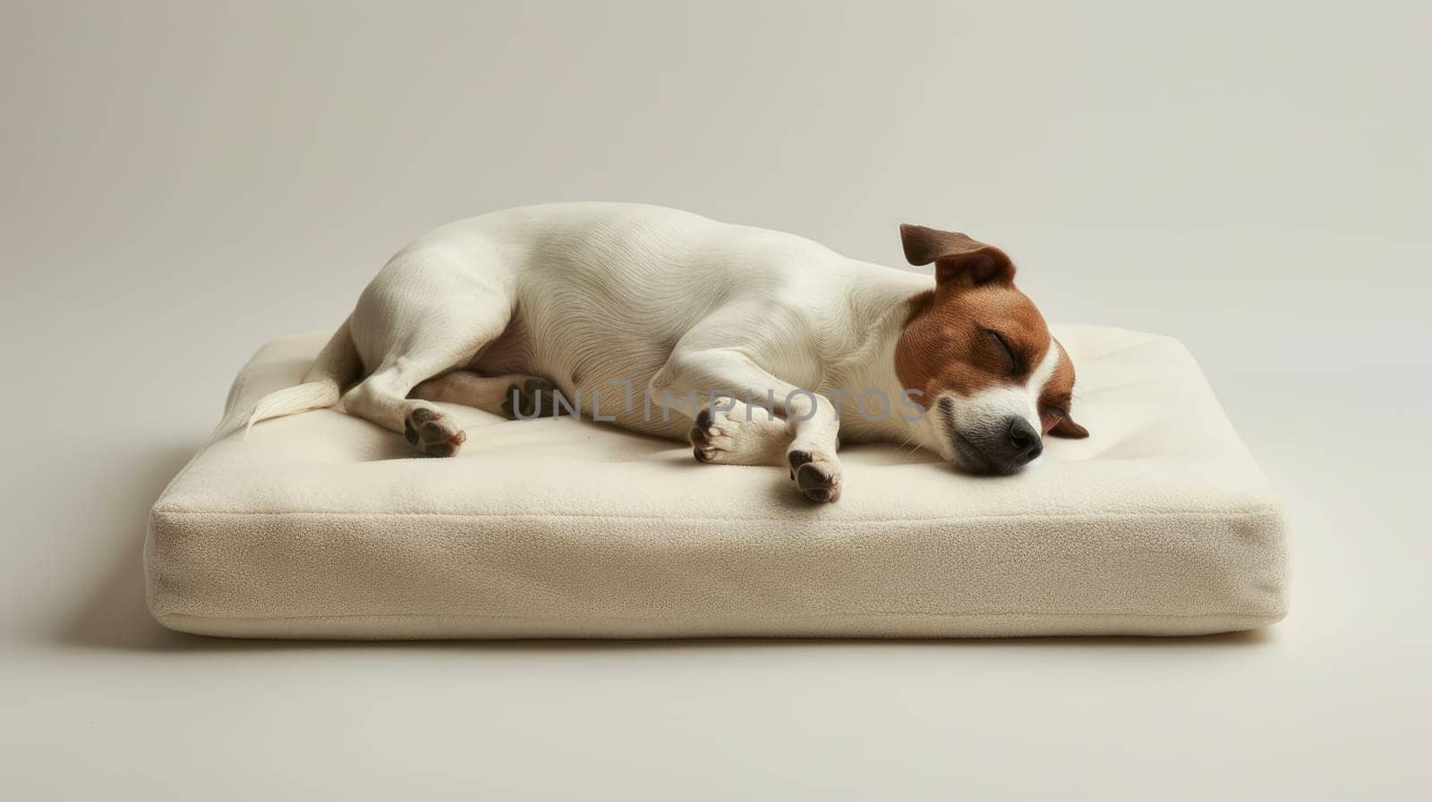 A dog is sleeping on a white dog bed