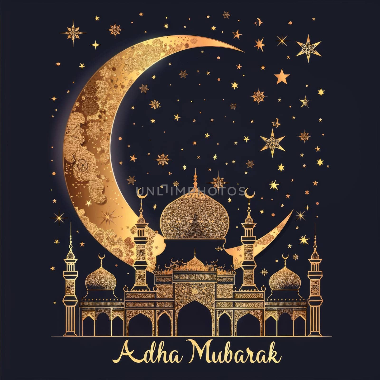 A captivating Eid Adha Mubarak greeting featuring an ornate crescent moon and stars over a silhouette of mosques