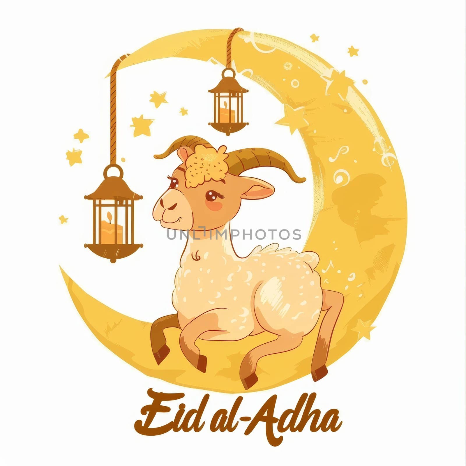 A cheerful Eid al-Adha design with a playful lamb sitting on a crescent moon among stars and a hanging lantern. by sfinks