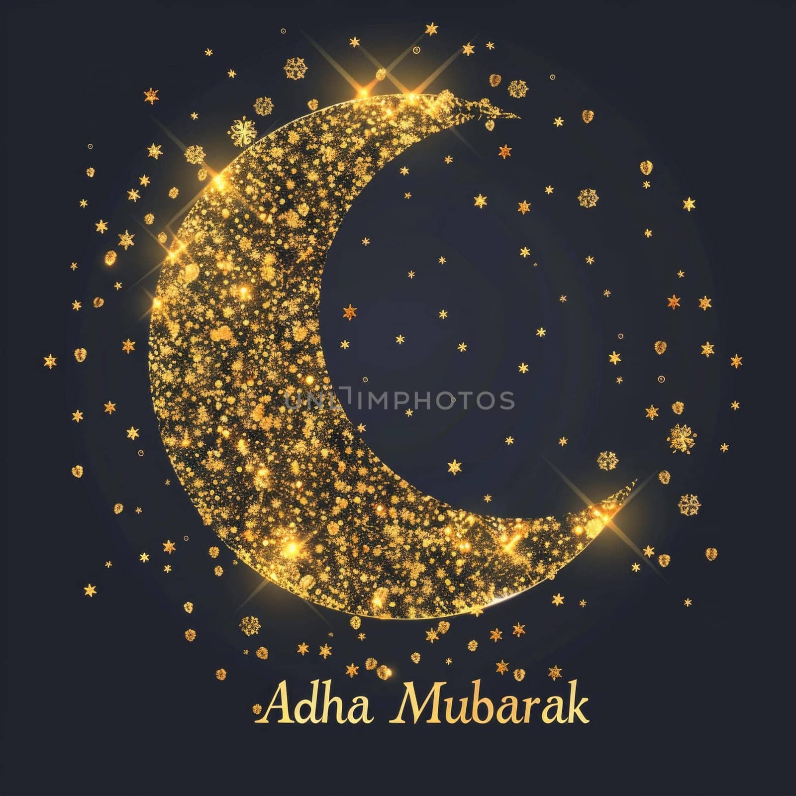 A luxurious golden crescent surrounded by twinkling stars, with Adha Mubarak inscription, ideal for Eid al-Adha celebrations and greetings. by sfinks