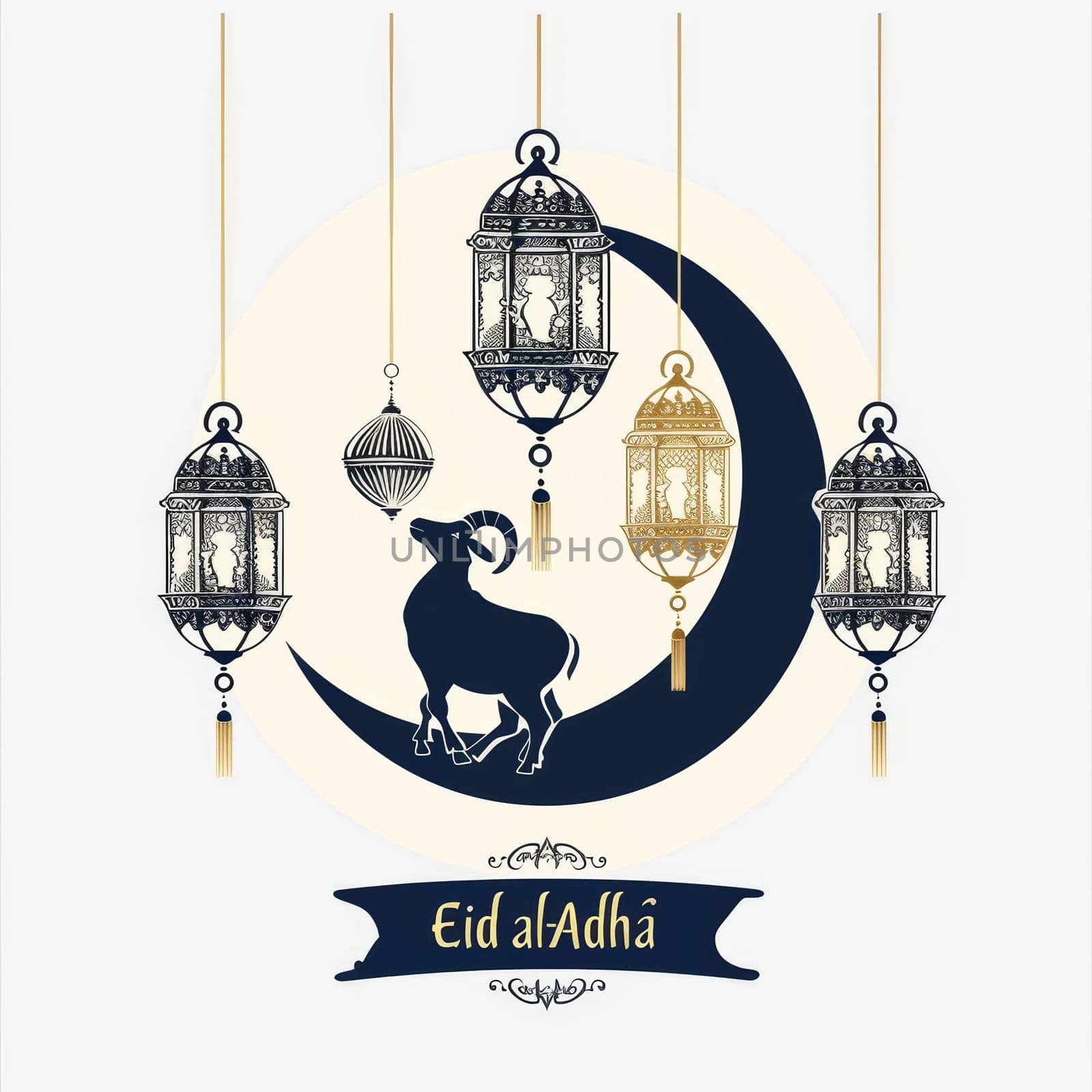 Artistic rendering of Eid al-Adha with hanging lanterns and a silhouette of a goat against a crescent moon