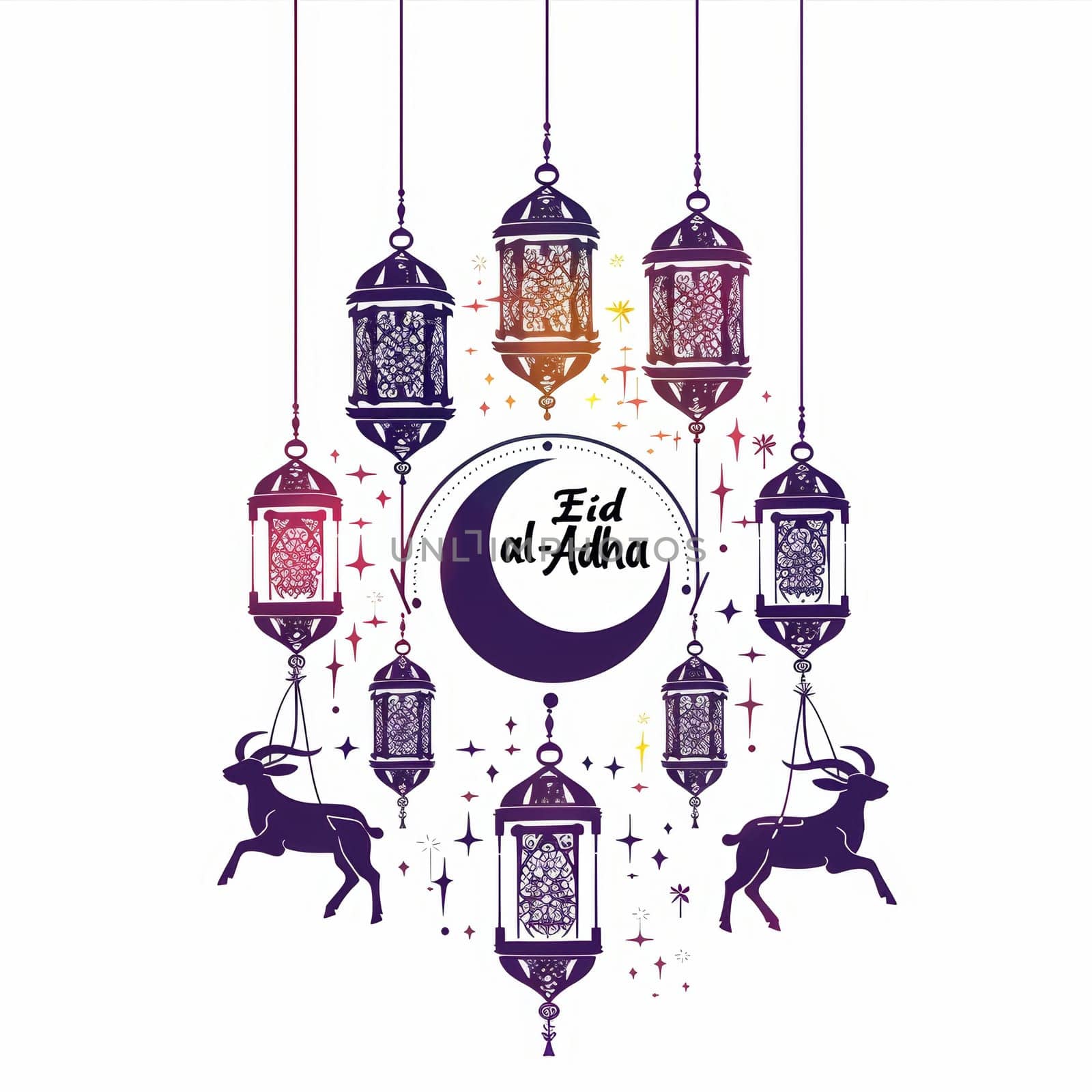 A colorful Eid al-Adha greeting with detailed lanterns and starry accents, featuring a leaping goat