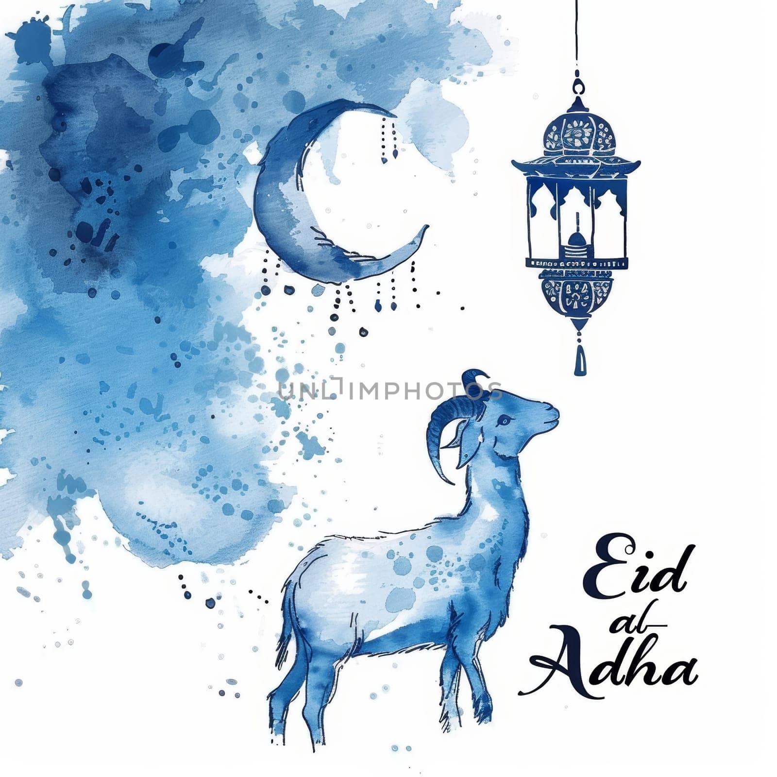 An artistic Eid al-Adha illustration in blue watercolor with a goat and hanging lantern, capturing the essence of the celebration