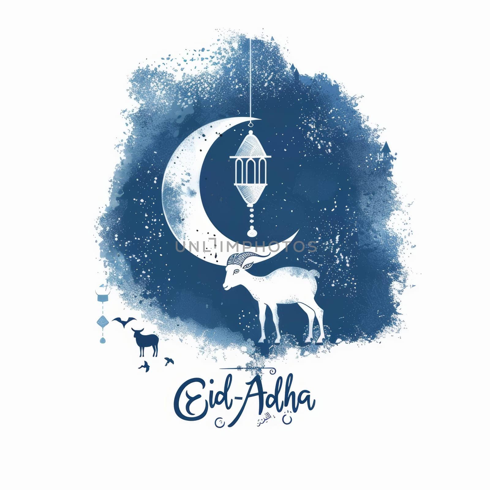 An artistic Eid al-Adha illustration in blue watercolor with a goat and hanging lantern, capturing the essence of the celebration. by sfinks