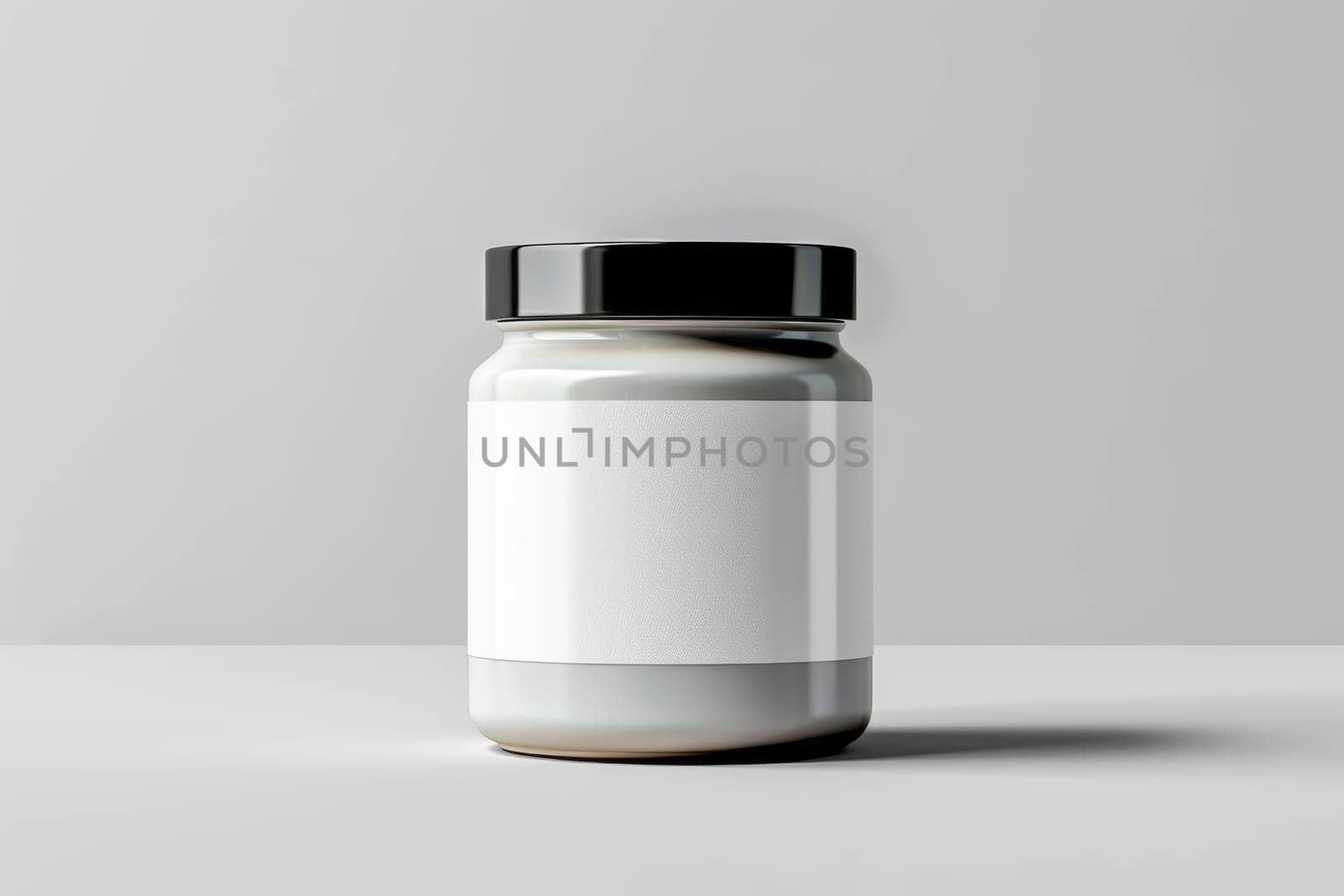 A jar with a white label sits on a table.