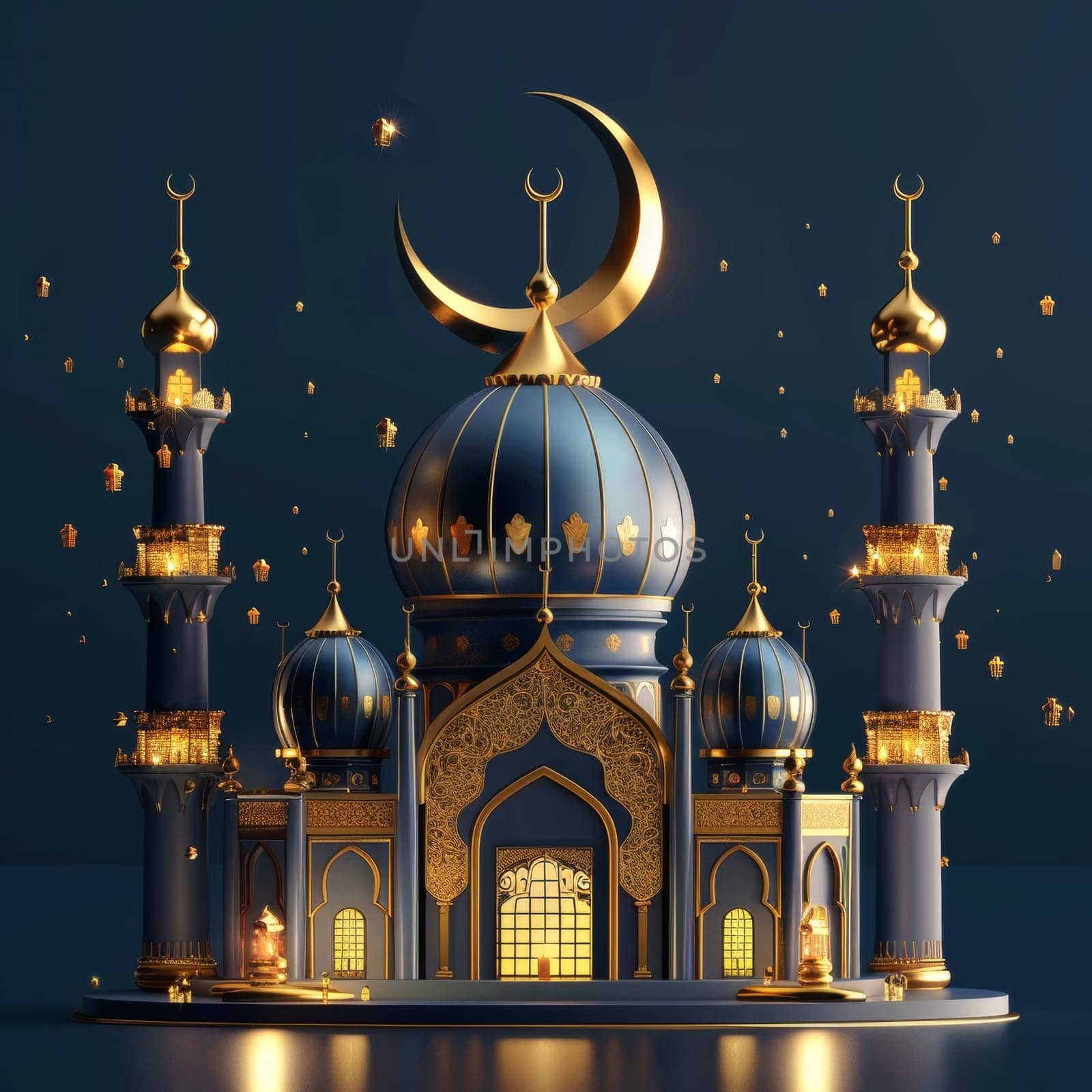 3D illustration of a majestic mosque with golden domes and minarets under a crescent moon. by sfinks