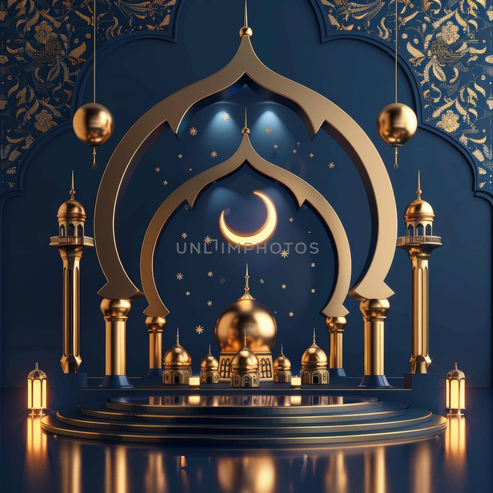 Artistic depiction of an ornate mosque with a golden arch framing a crescent moon and stars