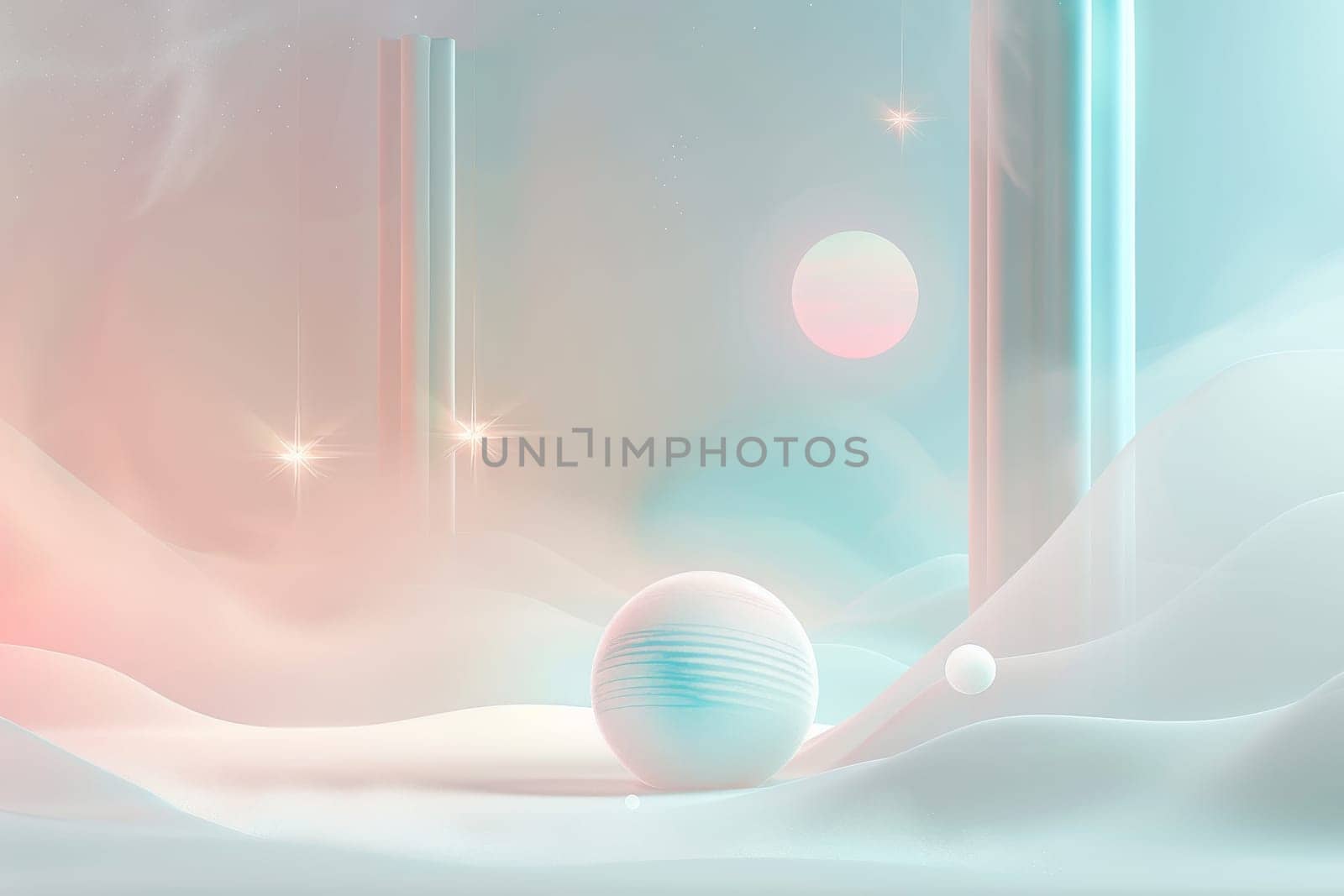 A white ball is on a snowy surface in a space with a pink and blue background. The ball is surrounded by other balls, and the sky is filled with stars. The scene has a dreamy, ethereal quality to it