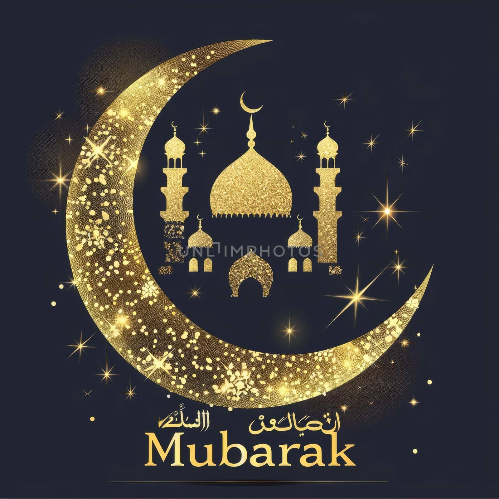 A sparkling Eid Mubarak design featuring a golden crescent moon and mosque silhouette, set against a starry night sky for a magical celebration. by sfinks