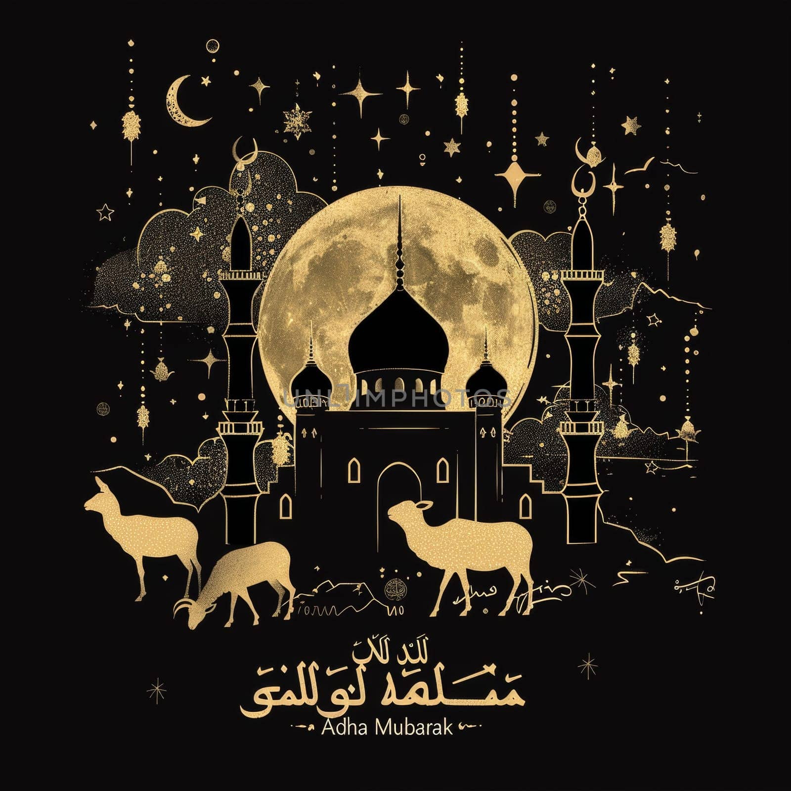 Artistic Eid al Adha design featuring a mosque with golden accents, animals silhouettes, and an intricate crescent moon. by sfinks