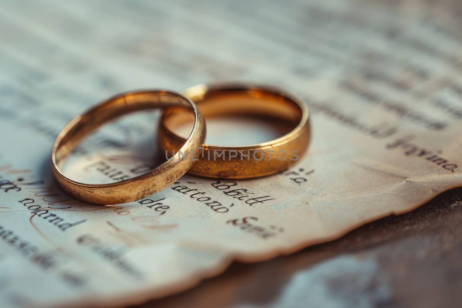 Two gold wedding rings on a piece of paper. The rings are placed on top of the paper, and the paper is slightly crumpled. Concept of love and commitment