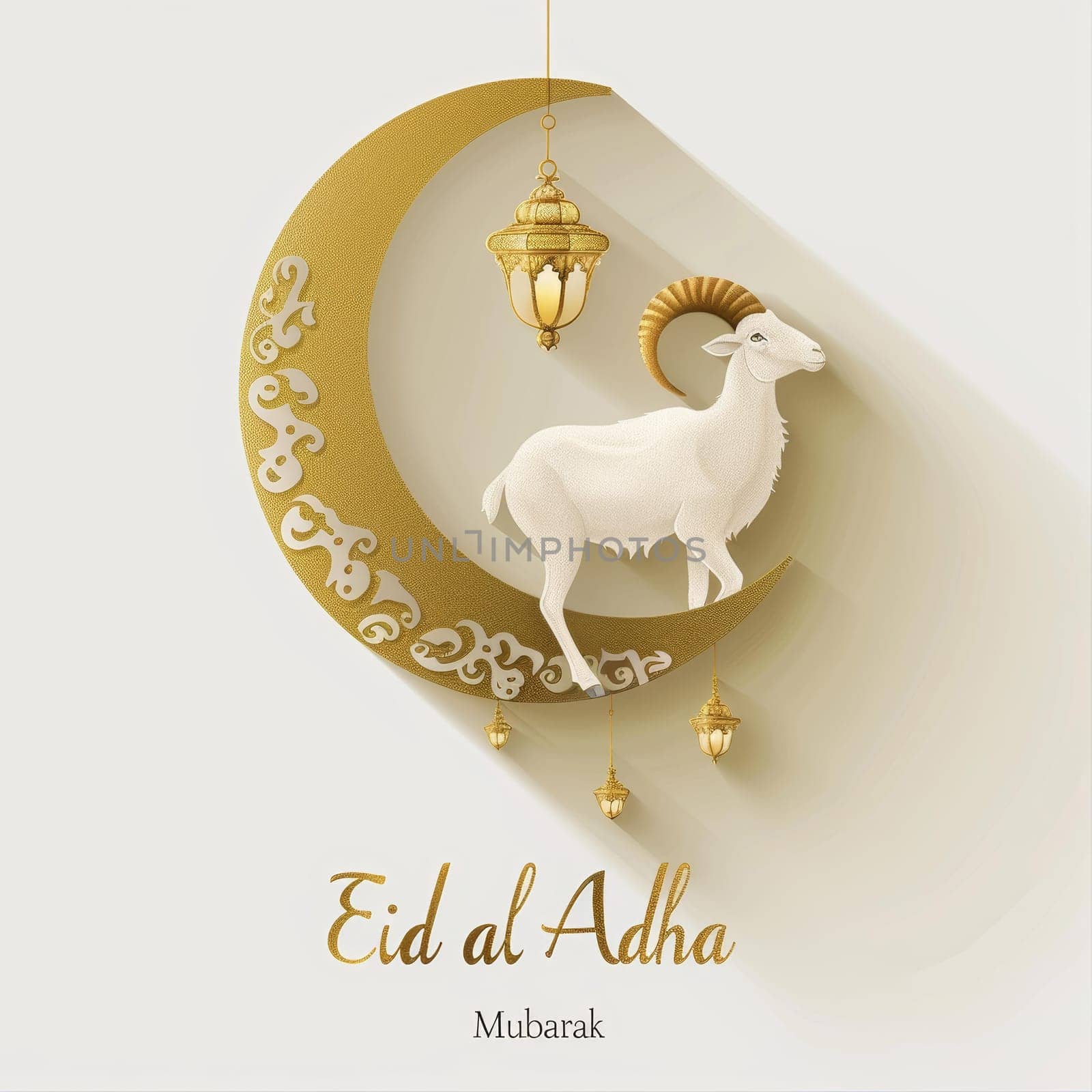 A three-dimensional Eid al-Adha greeting featuring a white ram on a golden crescent, adorned with traditional lanterns for a festive occasion. by sfinks