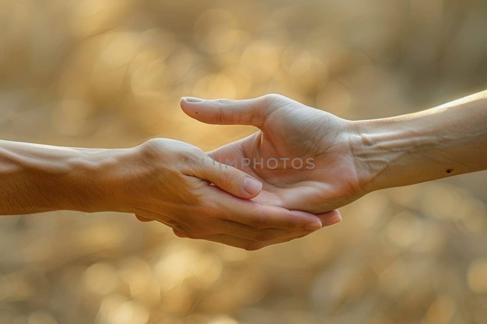 Two hands clasping together, one of which is a woman's. The other hand is a man's. Concept of warmth and connection between the two people
