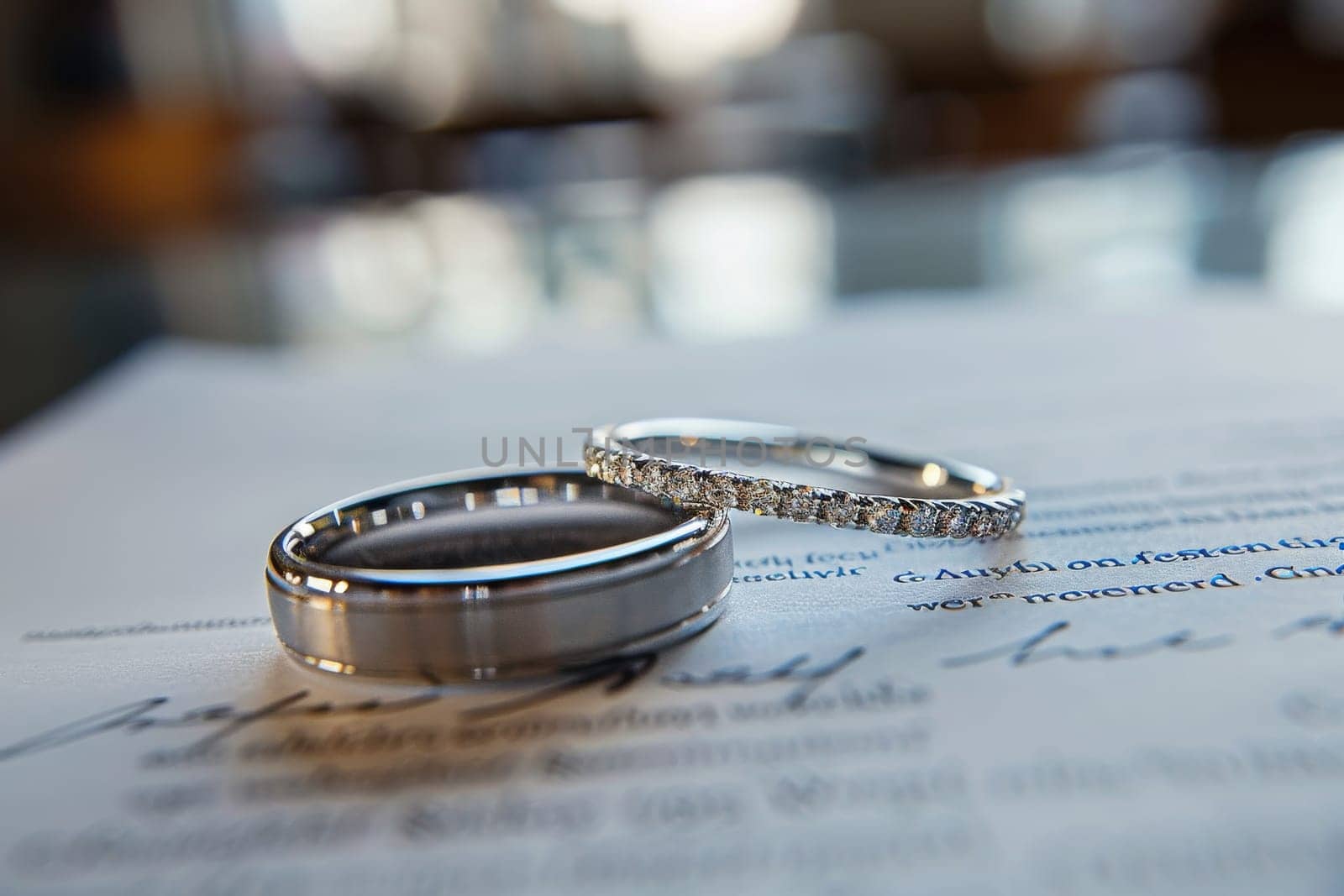 A couple's wedding rings are displayed on a piece of paper by itchaznong