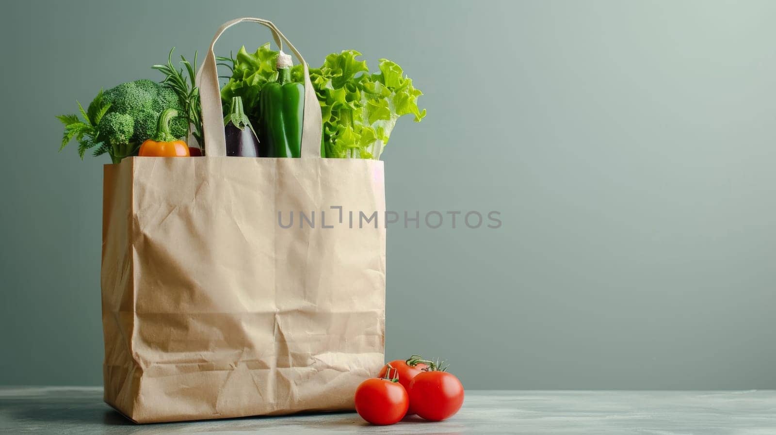 A brown paper bag filled with vegetables including tomatoes, broccoli by itchaznong