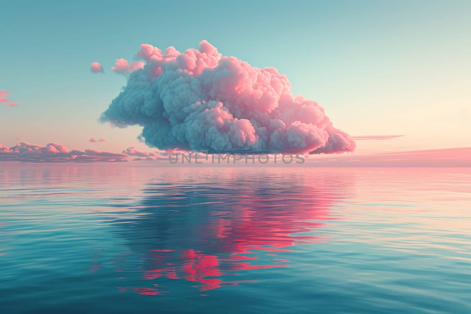 A large pink cloud is floating over the ocean. The sky is a beautiful shade of blue. The water is calm and still