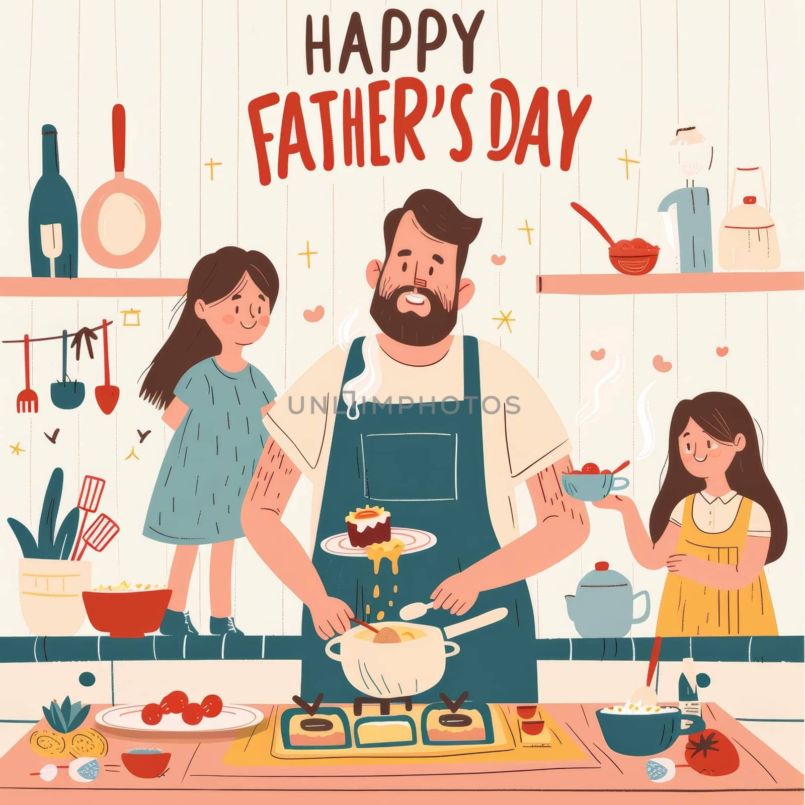 A heartwarming illustration of a father and his two children cooking together in a cozy kitchen, celebrating Fathers Day. by sfinks