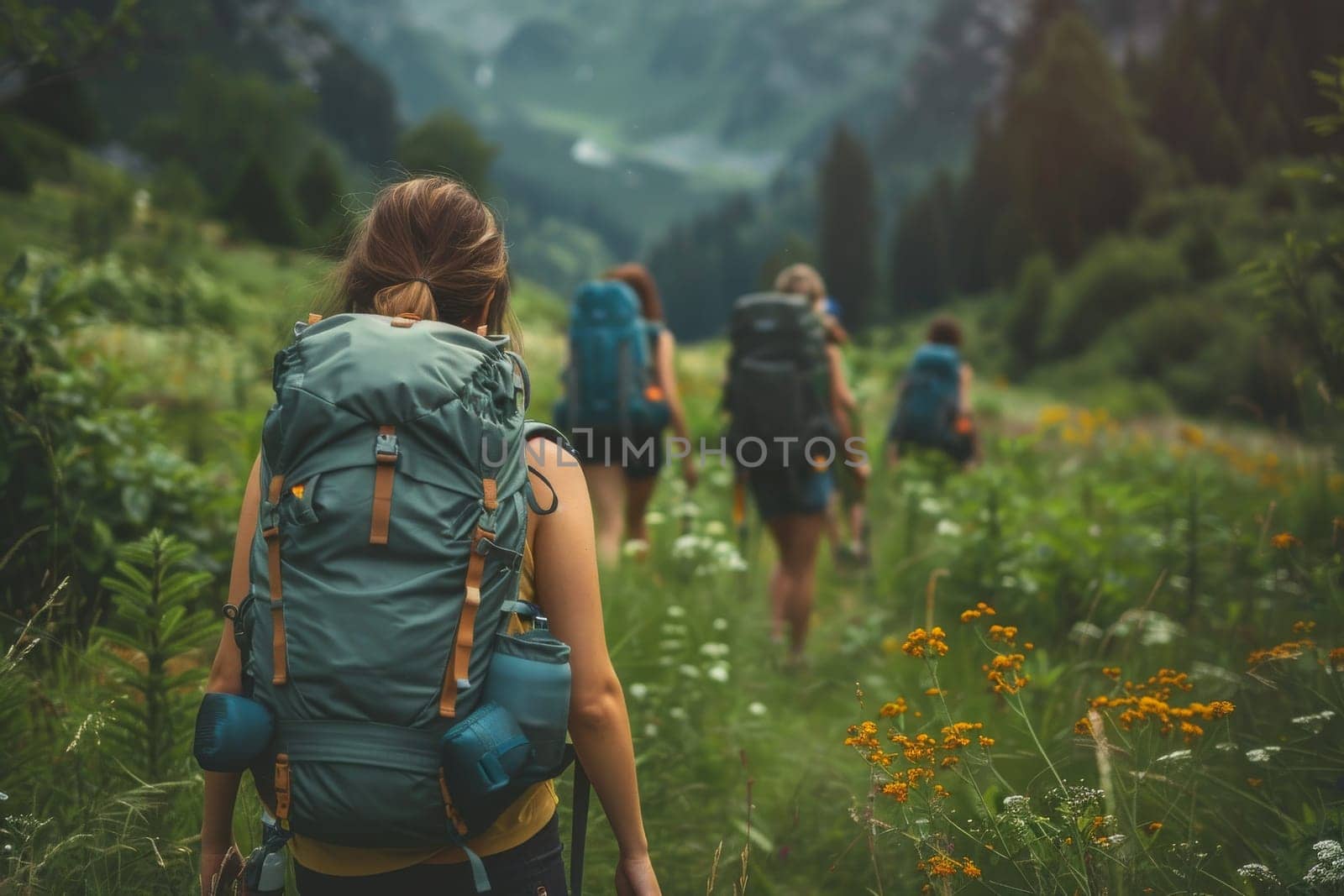 A group of people are hiking in the woods, with one woman wearing a backpack. The group is walking through a field of flowers, with some yellow flowers in the foreground