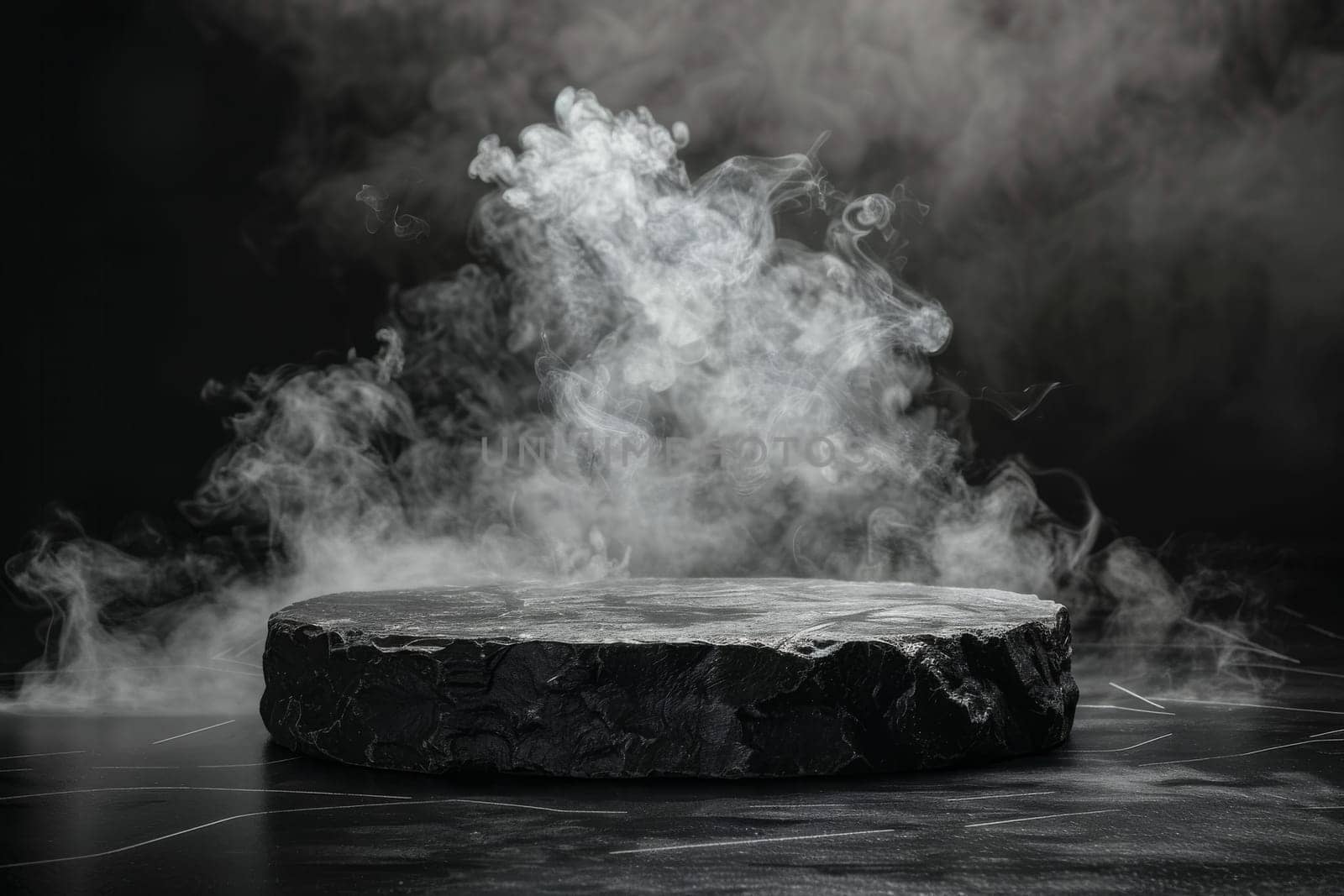 A black stone slab with smoke rising from it. The smoke is thick and billowing, creating a sense of mystery and intrigue