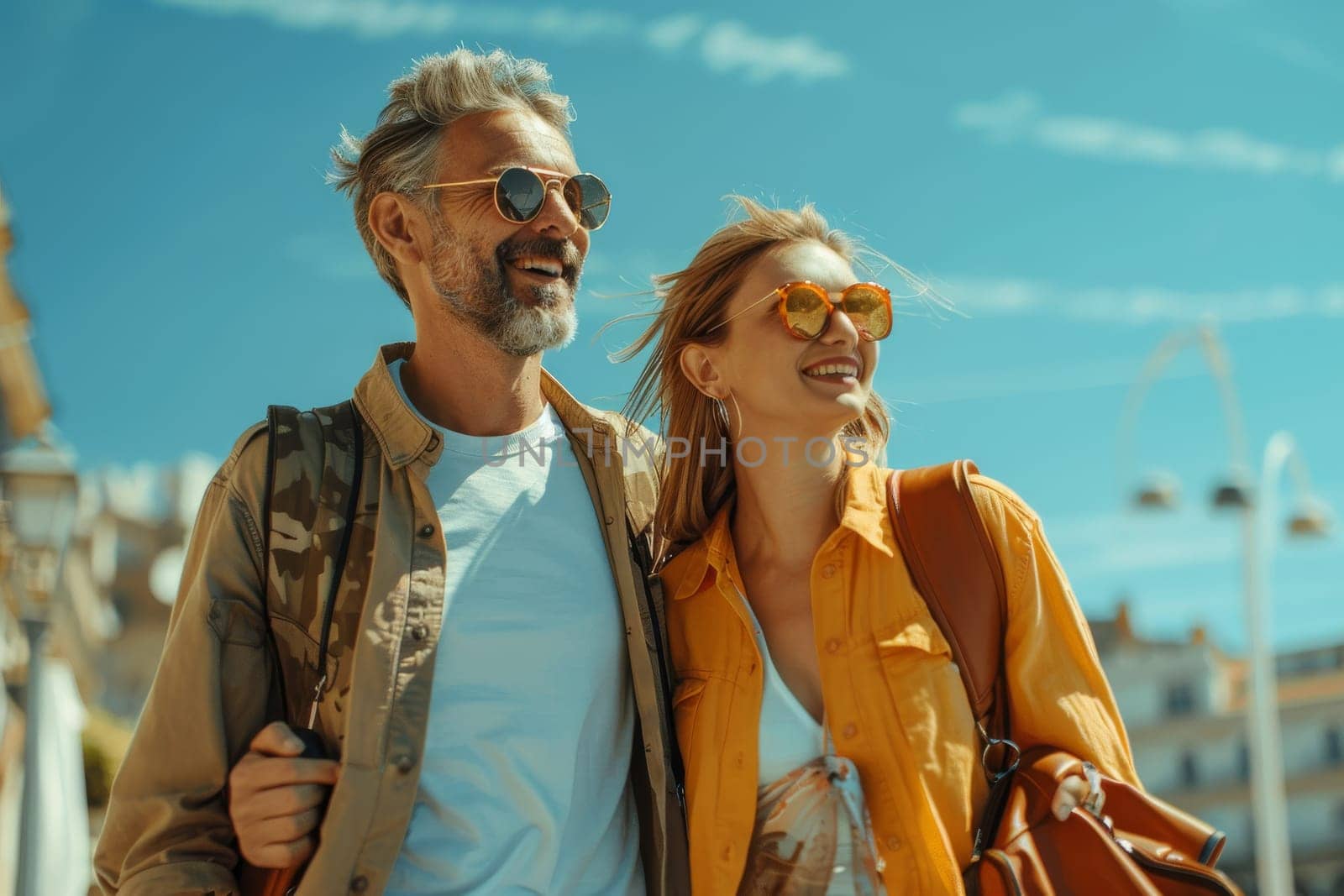 A man and woman are smiling and walking together on a sunny day. They are both wearing sunglasses and carrying backpacks