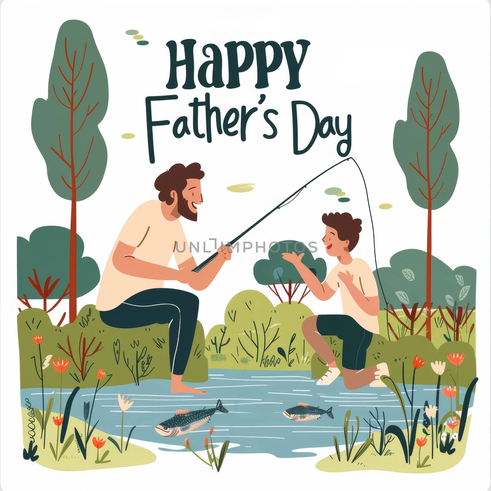A heartwarming illustration of a father teaching his young son to fish in a lush pond, highlighted by a Happy Fathers Day message above. by sfinks