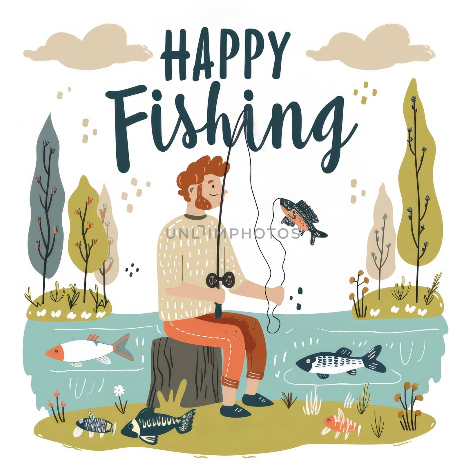A whimsical illustration captures a solo fishing excursion, with a Happy Happy Fishing message and Fathers Day fish tags adding a festive touch