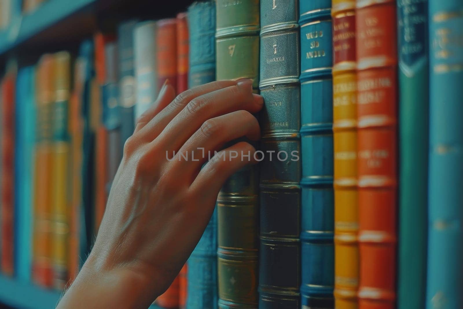 A hand is reaching for a book on a shelf. The books are of different colors and sizes