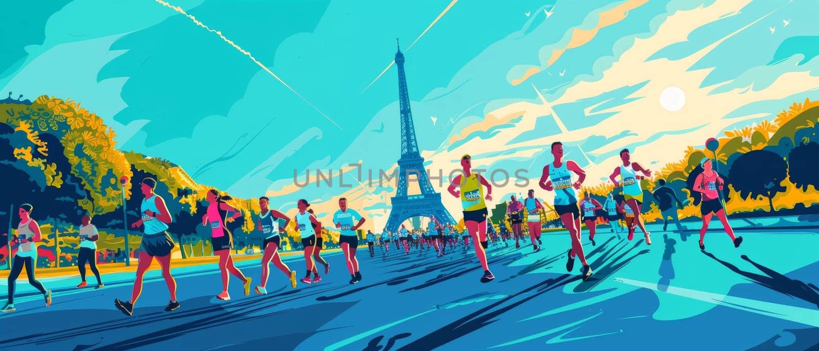 Illustration of marathon runners on a sunlit Paris street with the Eiffel Tower in the background and a vivid sky overhead. by sfinks